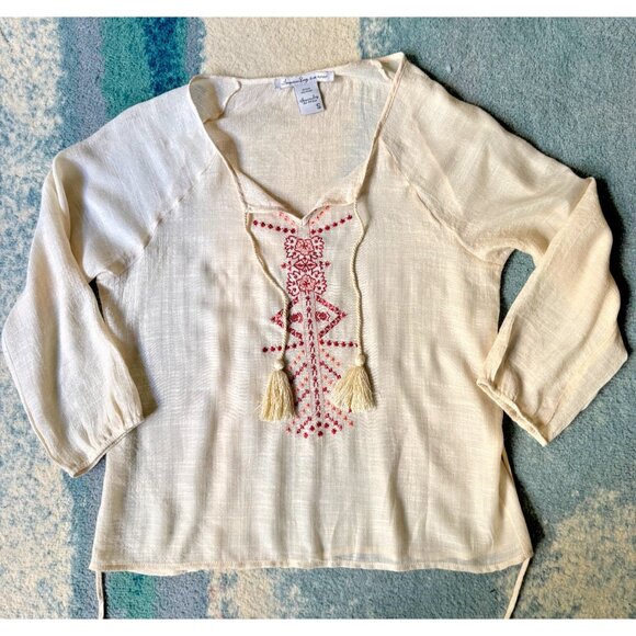 American Rag Women's Sheer Western Aztec Sz S Boho Embroider Top Peasant Hippie - Picture 15 of 15